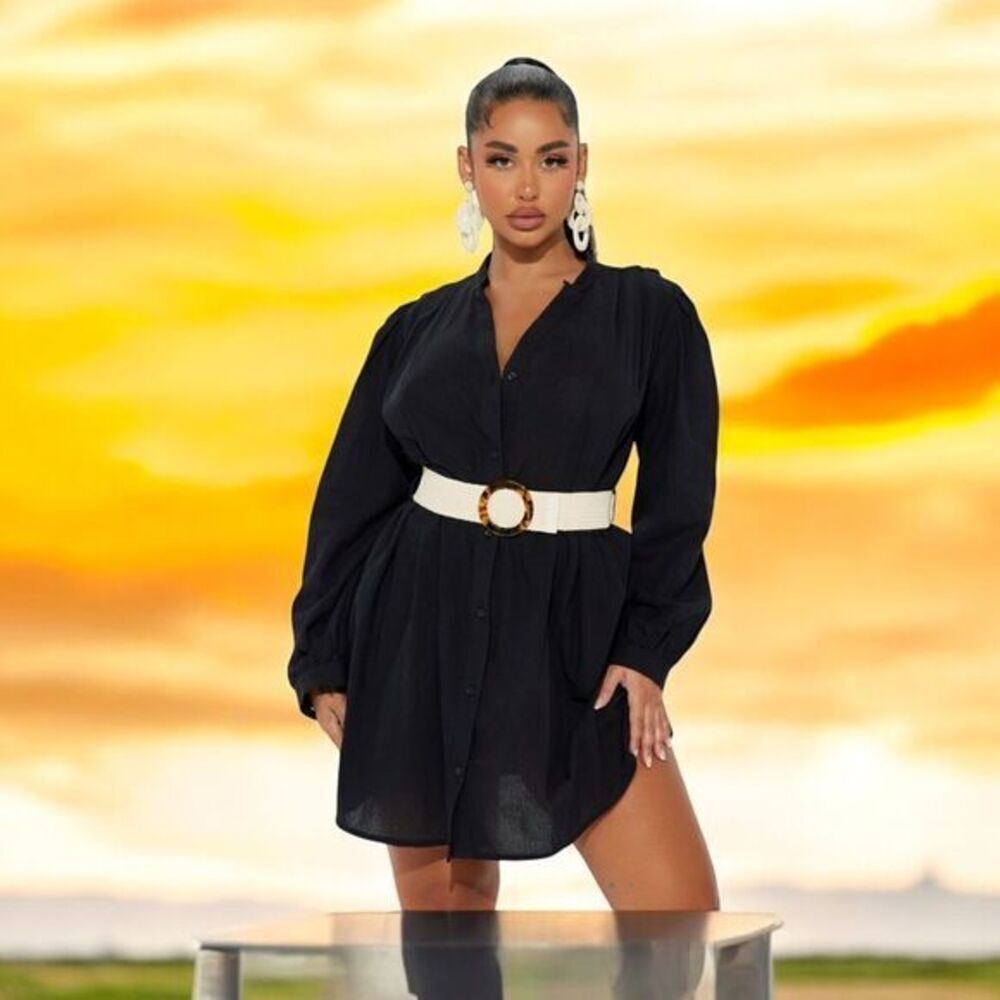 Elegant Black Belted  Shirt Dress